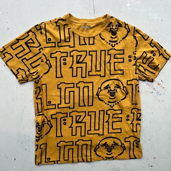 Women's True Religion T-Shirt Yellow All-Over Print M Buddha Y2K Logo Streetwear - Picture 1 of 12